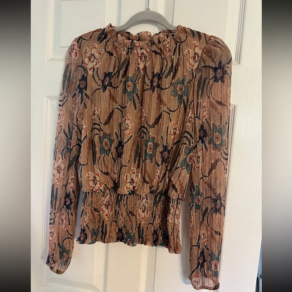 Joie Tops - Floral Smocked Waist Long Sleeve Top - Beige/Teal